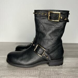 Jimmy Choo Dash Black Leather Biker Moto Boots Mid Calf Spike 37 US 7